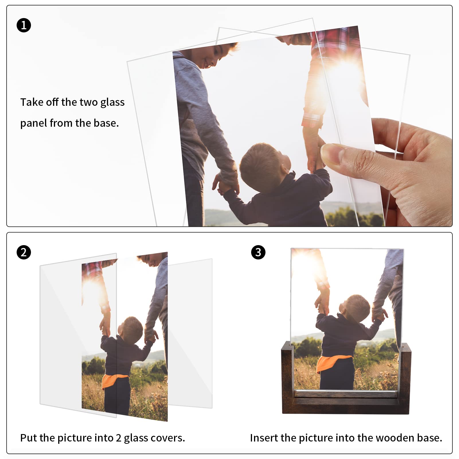 PETAFLOP 5x7 Picture Frame Set of 2, Rustic U-shaped Double Sided Frames Made to Display 5 by 7 Photos, Menu Holder Sign Card St